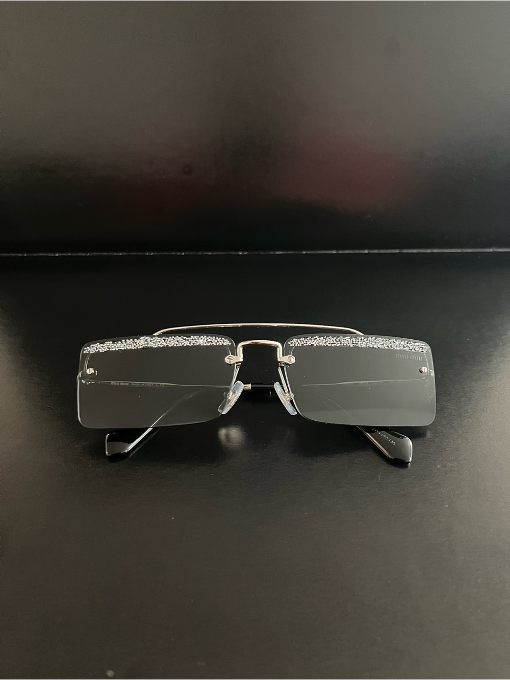 Miu Miu Crystal-Embellished Silver/Black Rimless Sunglasses, One Size
